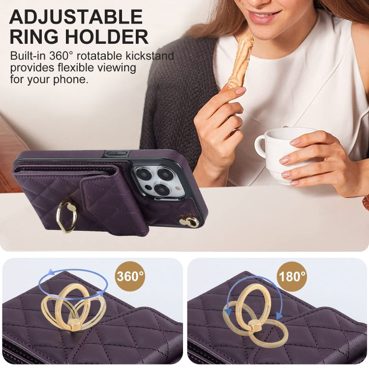 For iPhone 15 Rhombic Texture Card Bag Phone Case with Long Lanyard(Dark Purple) - iPhone 15 Cases by buy2fix | Online Shopping UK | buy2fix