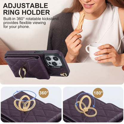 For iPhone 15 Rhombic Texture Card Bag Phone Case with Long Lanyard(Dark Purple) - iPhone 15 Cases by buy2fix | Online Shopping UK | buy2fix