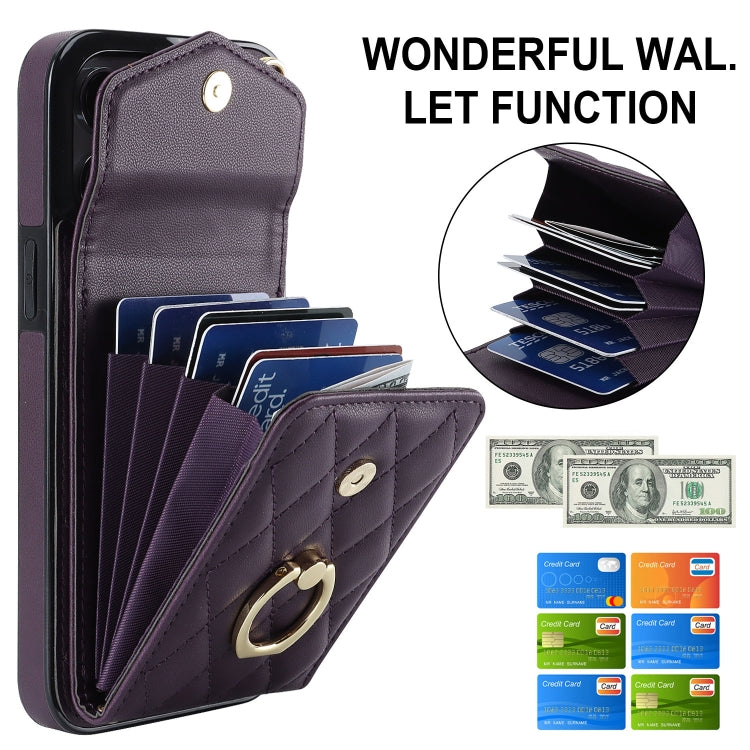 For iPhone 15 Rhombic Texture Card Bag Phone Case with Long Lanyard(Dark Purple) - iPhone 15 Cases by buy2fix | Online Shopping UK | buy2fix