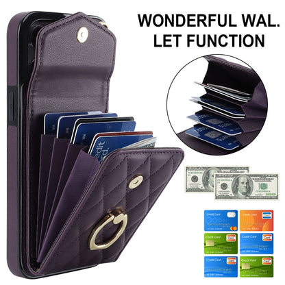 For iPhone 15 Rhombic Texture Card Bag Phone Case with Long Lanyard(Dark Purple) - iPhone 15 Cases by buy2fix | Online Shopping UK | buy2fix