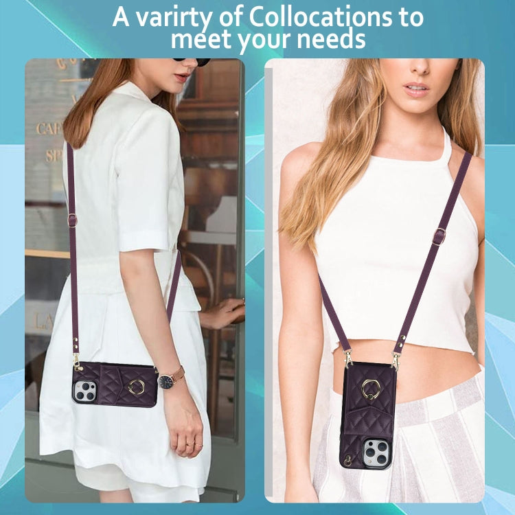 For iPhone 15 Rhombic Texture Card Bag Phone Case with Long Lanyard(Dark Purple) - iPhone 15 Cases by buy2fix | Online Shopping UK | buy2fix