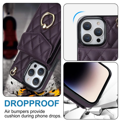 For iPhone 15 Rhombic Texture Card Bag Phone Case with Long Lanyard(Dark Purple) - iPhone 15 Cases by buy2fix | Online Shopping UK | buy2fix