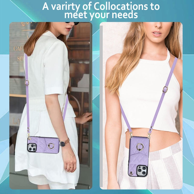 For iPhone 15 Rhombic Texture Card Bag Phone Case with Long Lanyard(Light Purple) - iPhone 15 Cases by buy2fix | Online Shopping UK | buy2fix