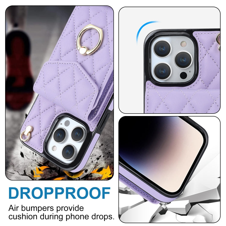 For iPhone 15 Rhombic Texture Card Bag Phone Case with Long Lanyard(Light Purple) - iPhone 15 Cases by buy2fix | Online Shopping UK | buy2fix