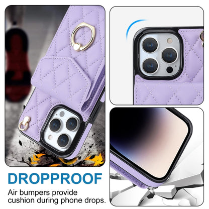 For iPhone 15 Rhombic Texture Card Bag Phone Case with Long Lanyard(Light Purple) - iPhone 15 Cases by buy2fix | Online Shopping UK | buy2fix