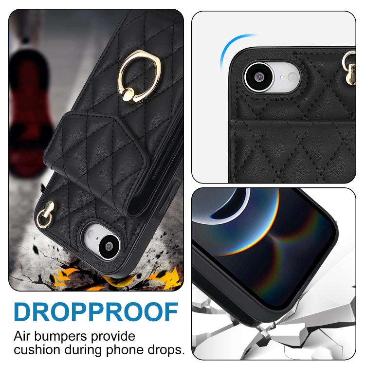 For iPhone 16e Rhombic Texture Card Bag Phone Case with Long Lanyard(Black) - iPhone 16e Cases by buy2fix | Online Shopping UK | buy2fix