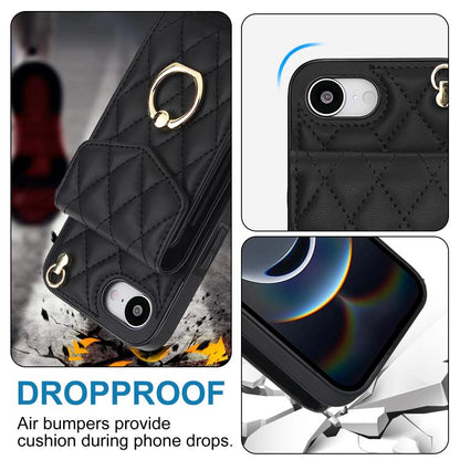 For iPhone 16e Rhombic Texture Card Bag Phone Case with Long Lanyard(Black) - iPhone 16e Cases by buy2fix | Online Shopping UK | buy2fix