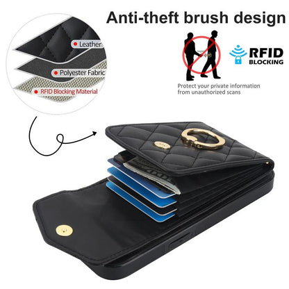 For iPhone 16e Rhombic Texture Card Bag Phone Case with Long Lanyard(Black) - iPhone 16e Cases by buy2fix | Online Shopping UK | buy2fix