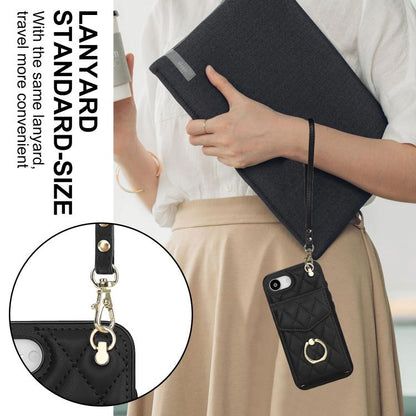 For iPhone 16e Rhombic Texture Card Bag Phone Case with Long Lanyard(Black) - iPhone 16e Cases by buy2fix | Online Shopping UK | buy2fix