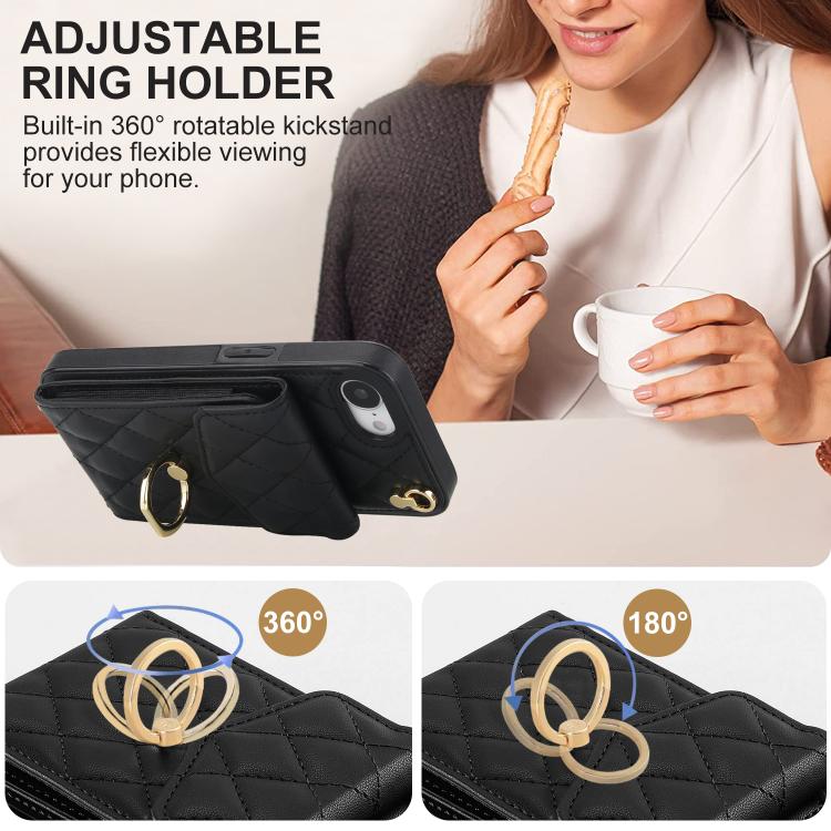 For iPhone 16e Rhombic Texture Card Bag Phone Case with Long Lanyard(Black) - iPhone 16e Cases by buy2fix | Online Shopping UK | buy2fix