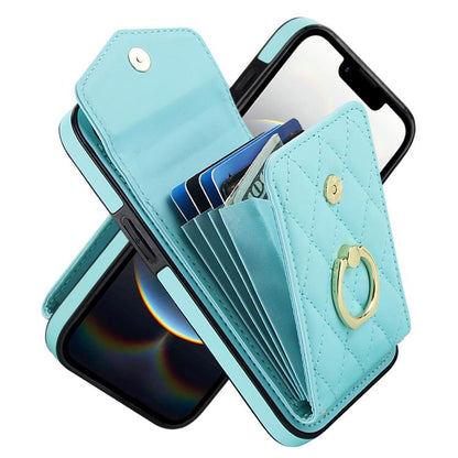 For iPhone 16e Rhombic Texture Card Bag Phone Case with Long Lanyard(Mint Green) - iPhone 16e Cases by buy2fix | Online Shopping UK | buy2fix