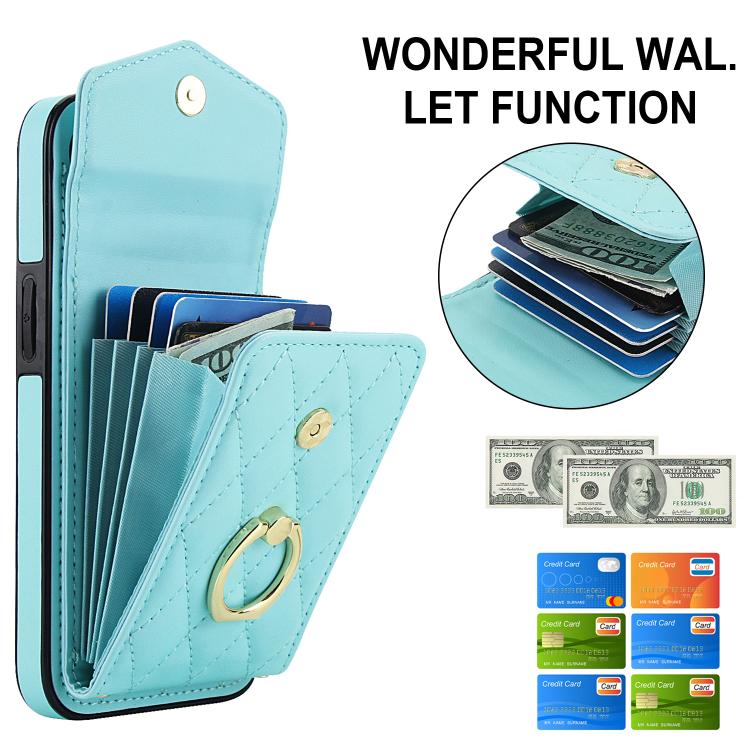 For iPhone 16e Rhombic Texture Card Bag Phone Case with Long Lanyard(Mint Green) - iPhone 16e Cases by buy2fix | Online Shopping UK | buy2fix