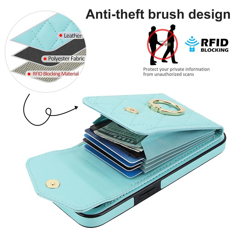 For iPhone 16e Rhombic Texture Card Bag Phone Case with Long Lanyard(Mint Green) - iPhone 16e Cases by buy2fix | Online Shopping UK | buy2fix