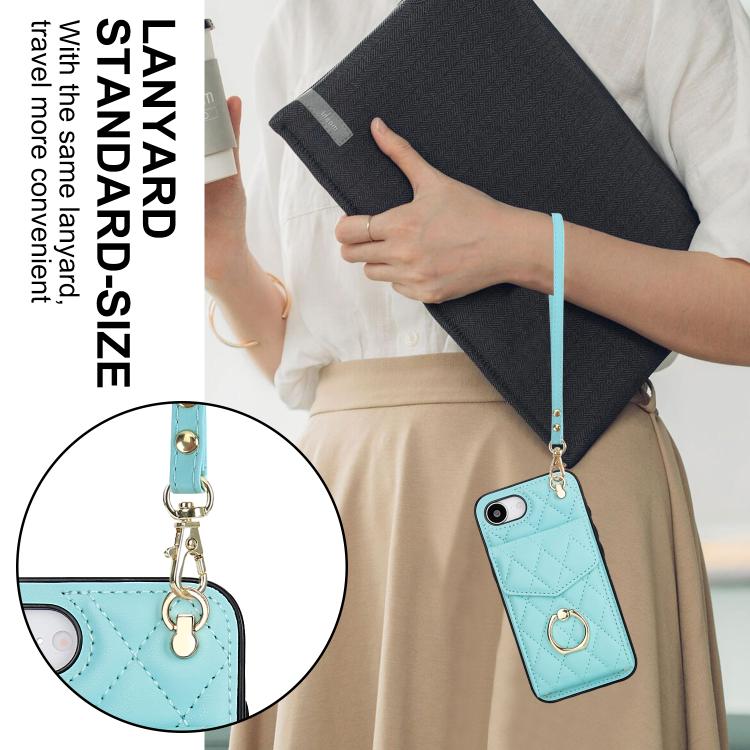 For iPhone 16e Rhombic Texture Card Bag Phone Case with Long Lanyard(Mint Green) - iPhone 16e Cases by buy2fix | Online Shopping UK | buy2fix