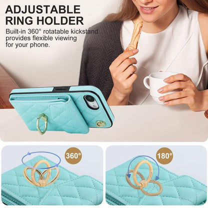 For iPhone 16e Rhombic Texture Card Bag Phone Case with Long Lanyard(Mint Green) - iPhone 16e Cases by buy2fix | Online Shopping UK | buy2fix