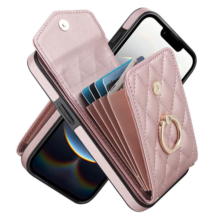 For iPhone 16e Rhombic Texture Card Bag Phone Case with Long Lanyard(Rose Gold) - iPhone 16e Cases by buy2fix | Online Shopping UK | buy2fix