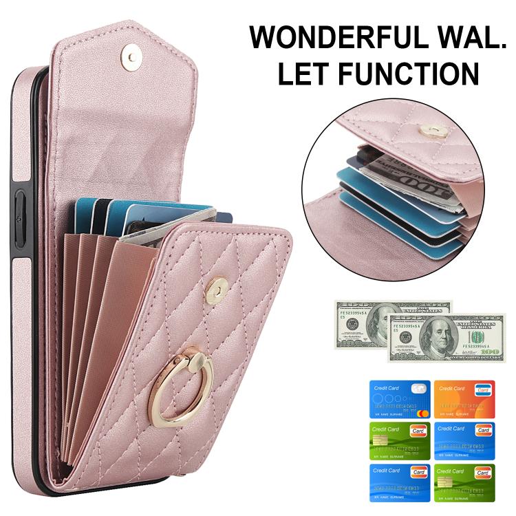 For iPhone 16e Rhombic Texture Card Bag Phone Case with Long Lanyard(Rose Gold) - iPhone 16e Cases by buy2fix | Online Shopping UK | buy2fix