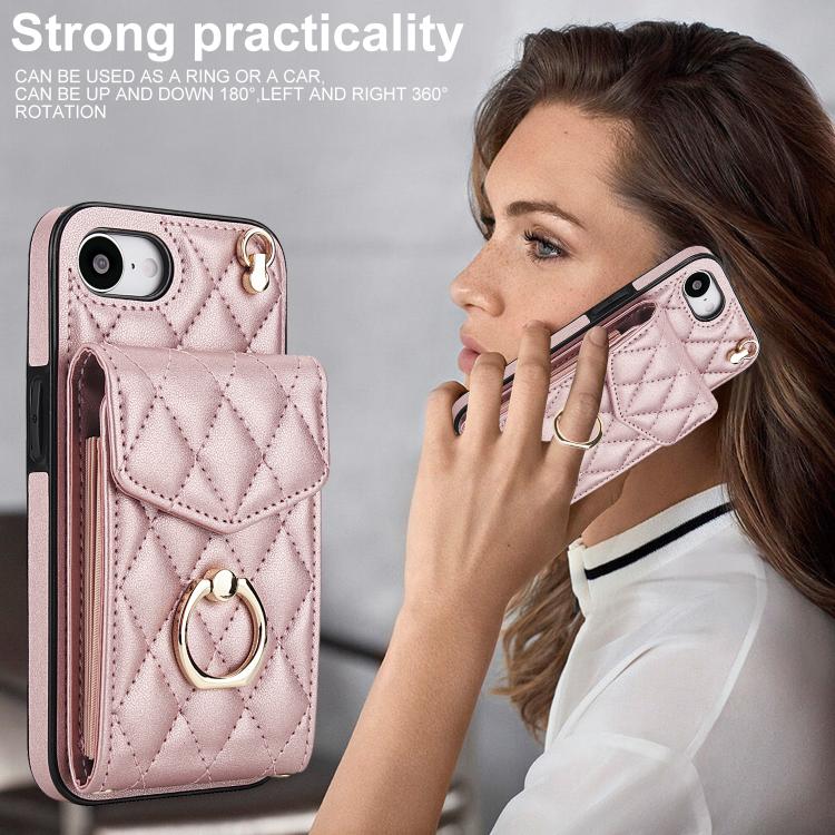 For iPhone 16e Rhombic Texture Card Bag Phone Case with Long Lanyard(Rose Gold) - iPhone 16e Cases by buy2fix | Online Shopping UK | buy2fix