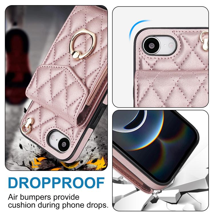 For iPhone 16e Rhombic Texture Card Bag Phone Case with Long Lanyard(Rose Gold) - iPhone 16e Cases by buy2fix | Online Shopping UK | buy2fix