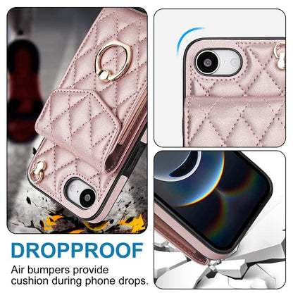 For iPhone 16e Rhombic Texture Card Bag Phone Case with Long Lanyard(Rose Gold) - iPhone 16e Cases by buy2fix | Online Shopping UK | buy2fix
