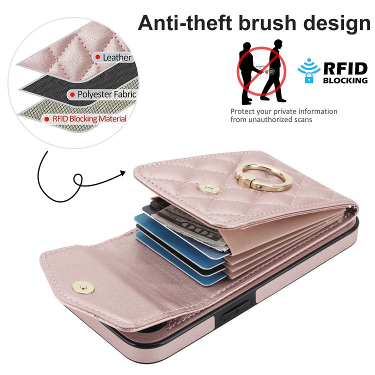 For iPhone 16e Rhombic Texture Card Bag Phone Case with Long Lanyard(Rose Gold) - iPhone 16e Cases by buy2fix | Online Shopping UK | buy2fix