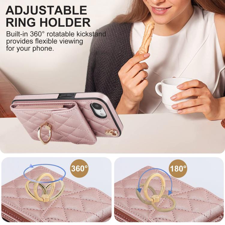 For iPhone 16e Rhombic Texture Card Bag Phone Case with Long Lanyard(Rose Gold) - iPhone 16e Cases by buy2fix | Online Shopping UK | buy2fix