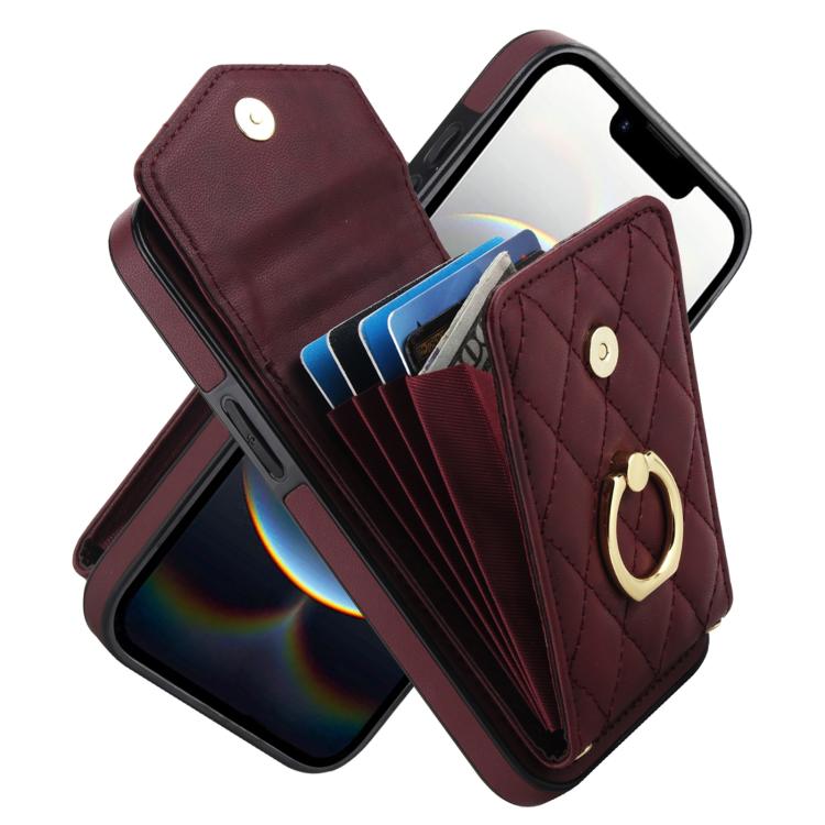 For iPhone 16e Rhombic Texture Card Bag Phone Case with Long Lanyard(Wine Red) - iPhone 16e Cases by buy2fix | Online Shopping UK | buy2fix