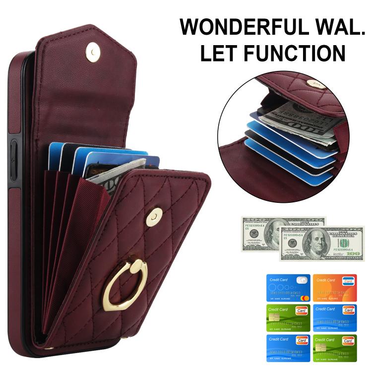 For iPhone 16e Rhombic Texture Card Bag Phone Case with Long Lanyard(Wine Red) - iPhone 16e Cases by buy2fix | Online Shopping UK | buy2fix