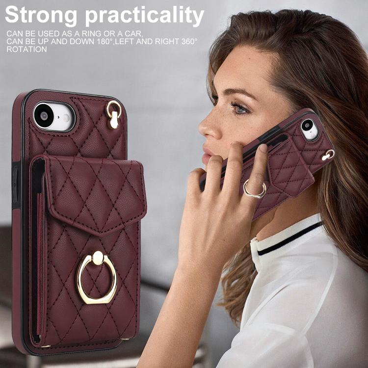 For iPhone 16e Rhombic Texture Card Bag Phone Case with Long Lanyard(Wine Red) - iPhone 16e Cases by buy2fix | Online Shopping UK | buy2fix