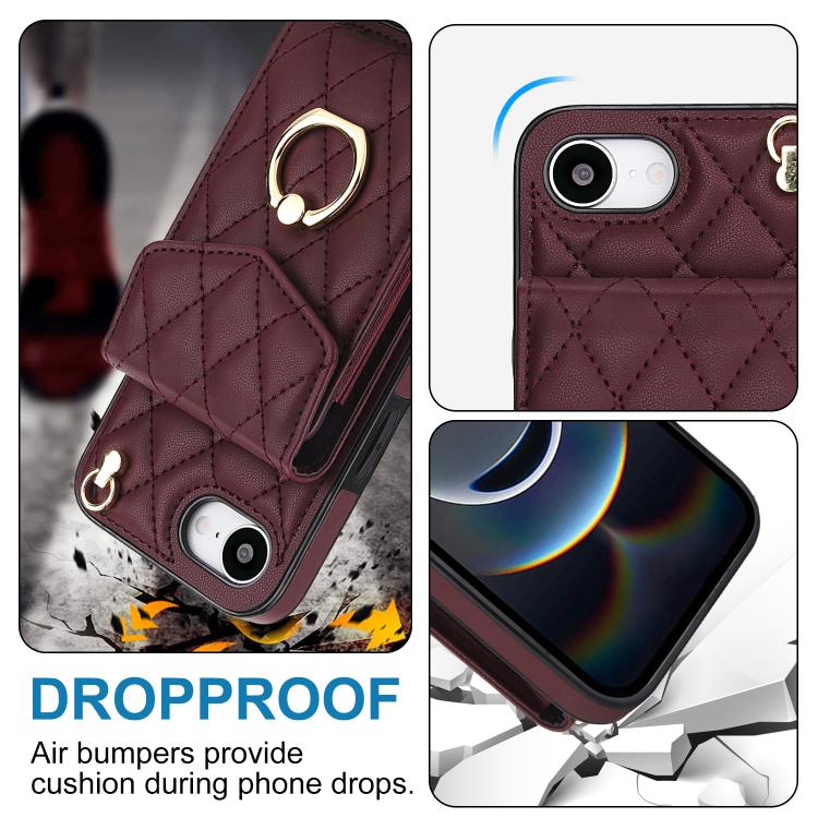 For iPhone 16e Rhombic Texture Card Bag Phone Case with Long Lanyard(Wine Red) - iPhone 16e Cases by buy2fix | Online Shopping UK | buy2fix