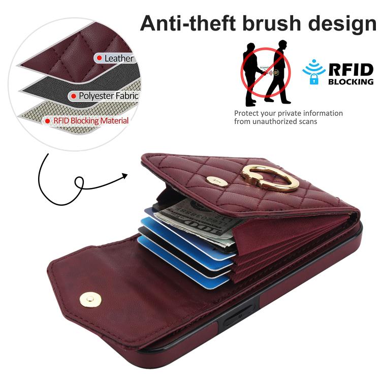 For iPhone 16e Rhombic Texture Card Bag Phone Case with Long Lanyard(Wine Red) - iPhone 16e Cases by buy2fix | Online Shopping UK | buy2fix