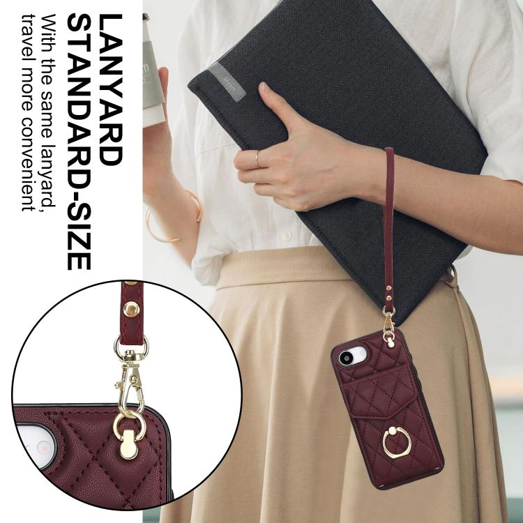 For iPhone 16e Rhombic Texture Card Bag Phone Case with Long Lanyard(Wine Red) - iPhone 16e Cases by buy2fix | Online Shopping UK | buy2fix