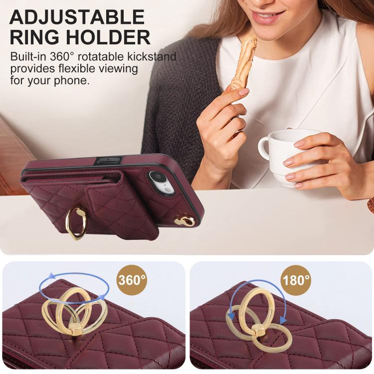 For iPhone 16e Rhombic Texture Card Bag Phone Case with Long Lanyard(Wine Red) - iPhone 16e Cases by buy2fix | Online Shopping UK | buy2fix