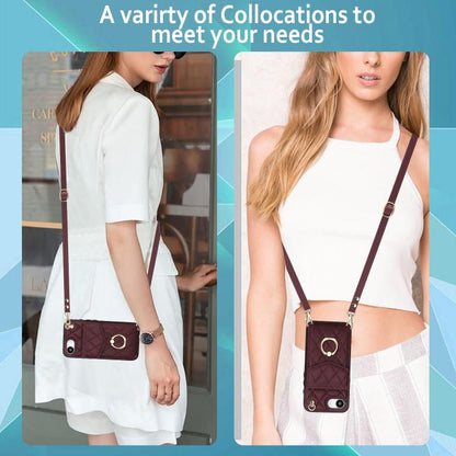 For iPhone 16e Rhombic Texture Card Bag Phone Case with Long Lanyard(Wine Red) - iPhone 16e Cases by buy2fix | Online Shopping UK | buy2fix