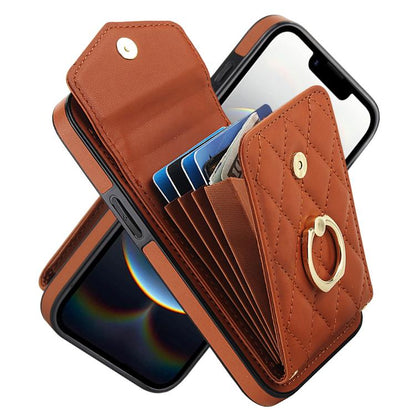 For iPhone 16e Rhombic Texture Card Bag Phone Case with Long Lanyard(Brown) - iPhone 16e Cases by buy2fix | Online Shopping UK | buy2fix