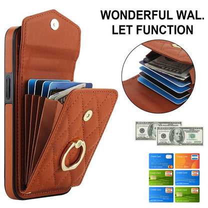 For iPhone 16e Rhombic Texture Card Bag Phone Case with Long Lanyard(Brown) - iPhone 16e Cases by buy2fix | Online Shopping UK | buy2fix