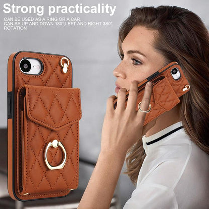 For iPhone 16e Rhombic Texture Card Bag Phone Case with Long Lanyard(Brown) - iPhone 16e Cases by buy2fix | Online Shopping UK | buy2fix