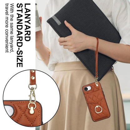For iPhone 16e Rhombic Texture Card Bag Phone Case with Long Lanyard(Brown) - iPhone 16e Cases by buy2fix | Online Shopping UK | buy2fix