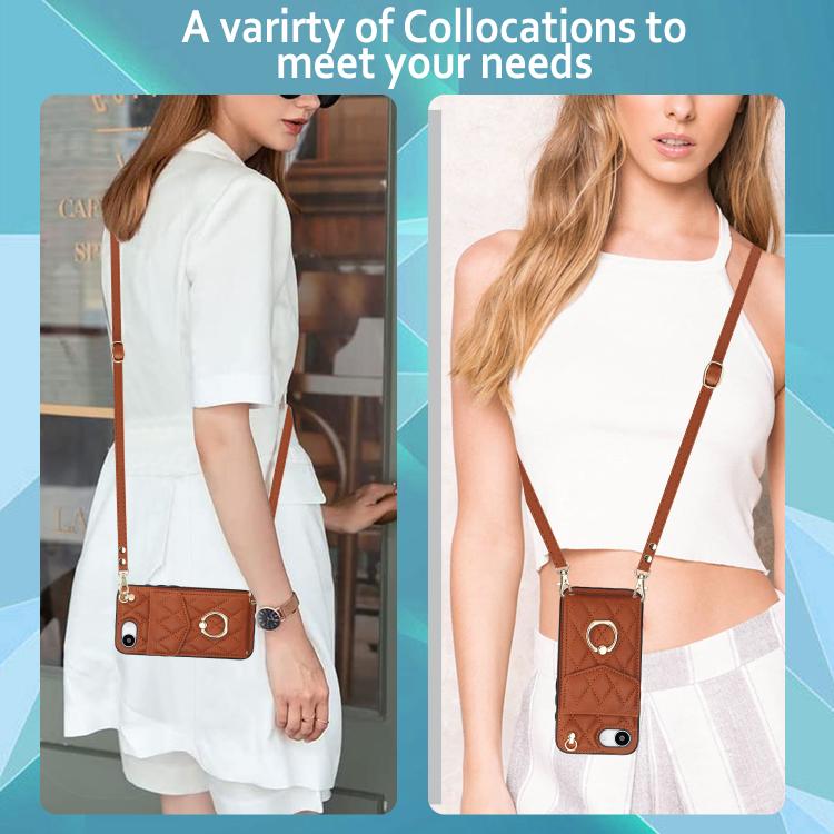 For iPhone 16e Rhombic Texture Card Bag Phone Case with Long Lanyard(Brown) - iPhone 16e Cases by buy2fix | Online Shopping UK | buy2fix