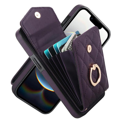 For iPhone 16e Rhombic Texture Card Bag Phone Case with Long Lanyard(Dark Purple) - iPhone 16e Cases by buy2fix | Online Shopping UK | buy2fix