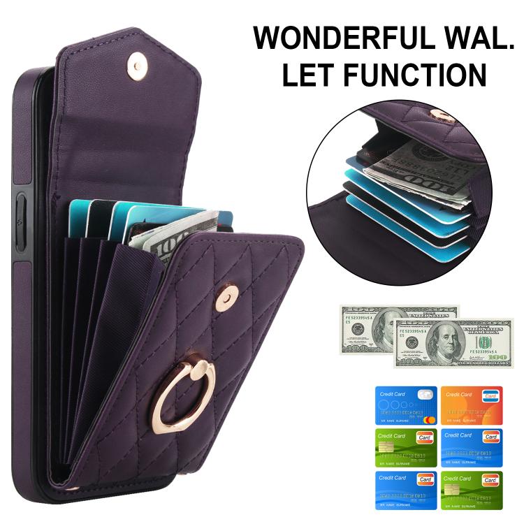 For iPhone 16e Rhombic Texture Card Bag Phone Case with Long Lanyard(Dark Purple) - iPhone 16e Cases by buy2fix | Online Shopping UK | buy2fix