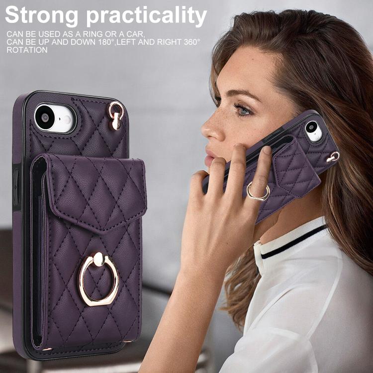 For iPhone 16e Rhombic Texture Card Bag Phone Case with Long Lanyard(Dark Purple) - iPhone 16e Cases by buy2fix | Online Shopping UK | buy2fix
