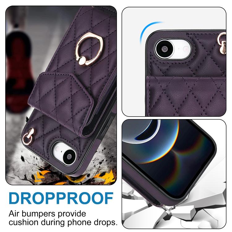 For iPhone 16e Rhombic Texture Card Bag Phone Case with Long Lanyard(Dark Purple) - iPhone 16e Cases by buy2fix | Online Shopping UK | buy2fix