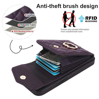 For iPhone 16e Rhombic Texture Card Bag Phone Case with Long Lanyard(Dark Purple) - iPhone 16e Cases by buy2fix | Online Shopping UK | buy2fix