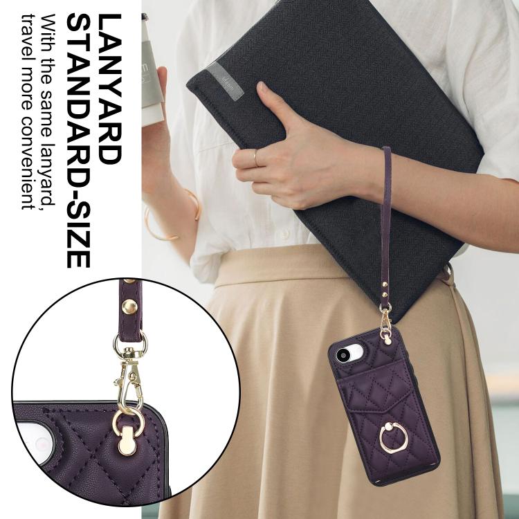 For iPhone 16e Rhombic Texture Card Bag Phone Case with Long Lanyard(Dark Purple) - iPhone 16e Cases by buy2fix | Online Shopping UK | buy2fix