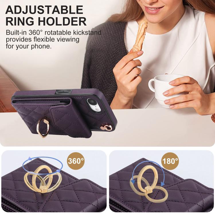 For iPhone 16e Rhombic Texture Card Bag Phone Case with Long Lanyard(Dark Purple) - iPhone 16e Cases by buy2fix | Online Shopping UK | buy2fix