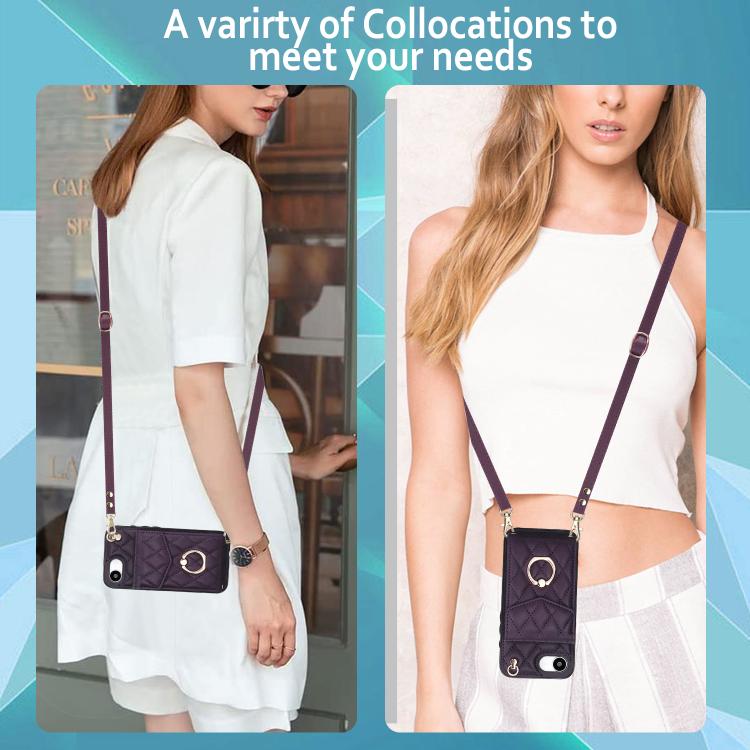 For iPhone 16e Rhombic Texture Card Bag Phone Case with Long Lanyard(Dark Purple) - iPhone 16e Cases by buy2fix | Online Shopping UK | buy2fix