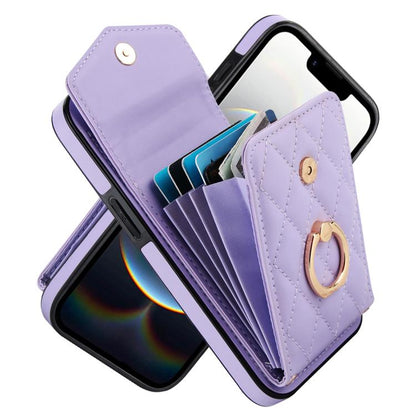 For iPhone 16e Rhombic Texture Card Bag Phone Case with Long Lanyard(Light Purple) - iPhone 16e Cases by buy2fix | Online Shopping UK | buy2fix