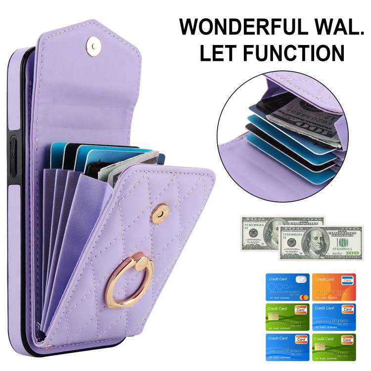 For iPhone 16e Rhombic Texture Card Bag Phone Case with Long Lanyard(Light Purple) - iPhone 16e Cases by buy2fix | Online Shopping UK | buy2fix