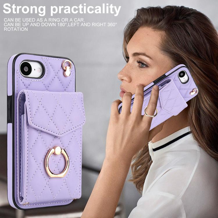 For iPhone 16e Rhombic Texture Card Bag Phone Case with Long Lanyard(Light Purple) - iPhone 16e Cases by buy2fix | Online Shopping UK | buy2fix